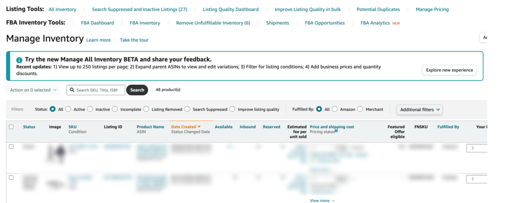 How to use the Manage Inventory page on the Seller Central dashboard?